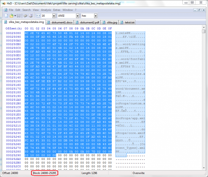 Slika 2. - Pozicija dokument1.docx datoteke je od 2400 do 25295